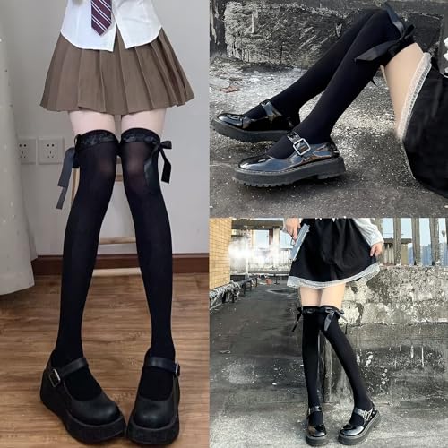 Image of Thigh High Stockings with Bow, Santa Accessory Y2K Fishnet Socks with Lace Brim Lingerie Tights for Women