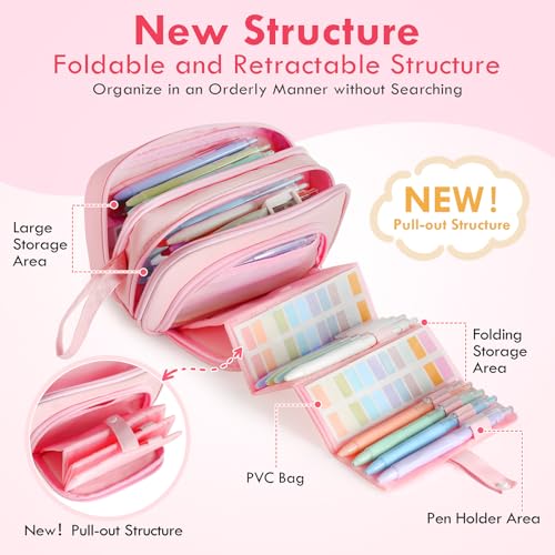 Image of Large Capacity Pencil Case with Pull-out Structure - Multifunctional Extra Big Pencil Pouch Pen bag, Portable Stationery Organizer with Zipper, College Office School Supplies for Girls, Pink