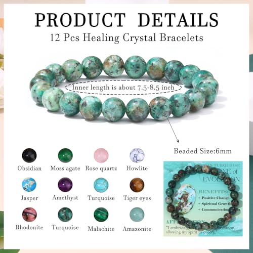 FIRAZIO 12PCS 6mm 8mm Gemstone Beaded Bracelets for Women Semi-Precious Natural Crystal Bracelets Round Beads Gemstones Stretch Bracelet Jewelry Gift3