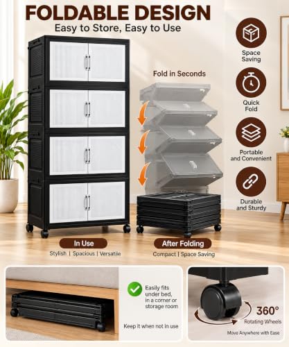 Image of KRISHYAM 4-Layer Plastic Storage Cabinet with 8 Doors & Wheels, Multipurpose Clothes Organizer, Modular Cupboard for Bedroom, Kids Room & Home, 140 x 66 x 38 cm, Black White