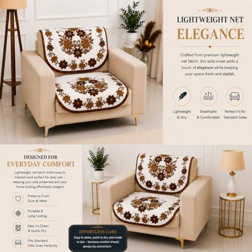 Image of Homerz Premium 'Surya Series' Sofa Cover | Stylish Sofa Protector | Net Fabric | Anti-Stain & Washable Slip Cover Exact Size Antislip (Daisy Brown, 1 Seater, Seat Cover with Backrest)