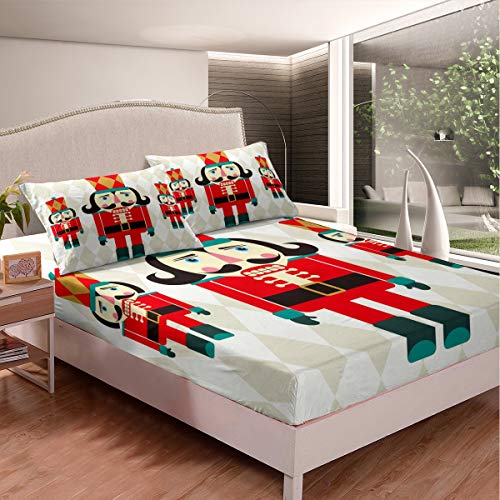 Christmas Bedding Set, Nutcracker Sheet Set, Cartoon Royal Guarder Fitted Sheet for Kids Boys Girls, New Year Festival Bed Cover with 2 Pillow Shams Child Room Decoration Full Size Red Blue