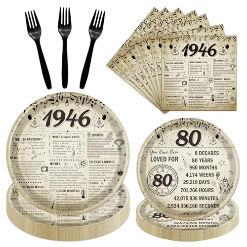 Elomy 80th Birthday Plates and Napkins Party Decorations for Women Men 1946 80th Vintage Birthday Disposable Paper Tableware Decoration 80 Year Old Themed Forks Party Supplies Serve 24