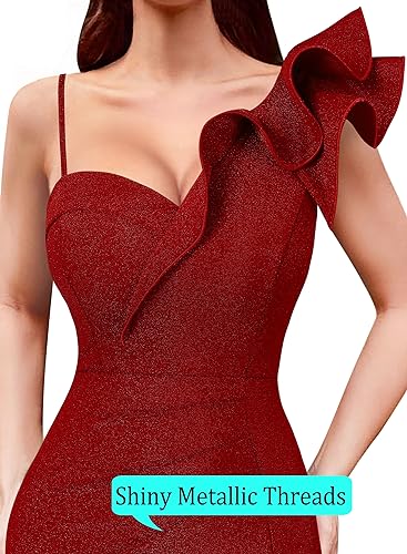 Image of VFSHOW Womens Ruffle One Shoulder Strap Ruched Formal Prom Wedding Maxi Dress V Neck Elegant Split Cocktail Evening Long Gown