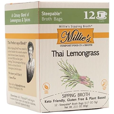 Millie’s Sipping Broth - Vegetable Broth -Natural-Gluten Free-Keto Friendly Thai Lemongrass 12 Count Box Cover