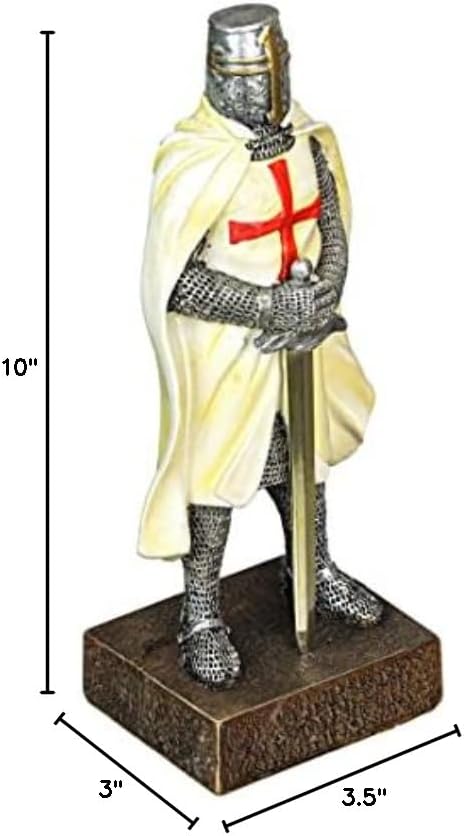 Miniatura 10 de Zeckos Figura de estatua de resina pintada de caballero templario medieval en armadura de batalla, 10 pulgadas de alto, capturando el espíritu del
