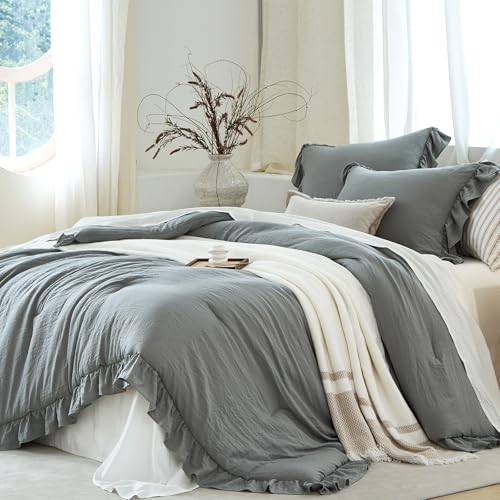 Image of Grey Ruffle Comforter Set Queen, Pre-Washed Shabby Chic Bedding Set, Lightweight Cottagecore Soft Romantic Cozy 1 Comforter & 2 Shams, All-Season