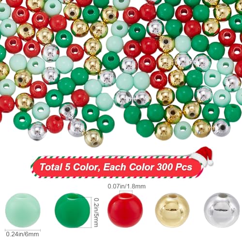 SOFPLATE 1500Pcs 5 Colors 6mm Christmas Beads Red Acrylic Beads Plastic Green White Gold Large Loose Bead Round for jewellery Making Home Party Decor Bracelets Necklace Key Chain DIY Beading Crafts - Image 2