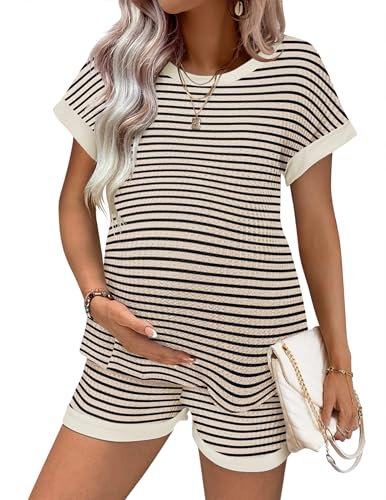 Image of Ekouaer Maternity Pajamas 2 Piece Outfits Waffle Knit Short Sleeve Tops and Shorts Loungewear Set Pregnancy Clothes