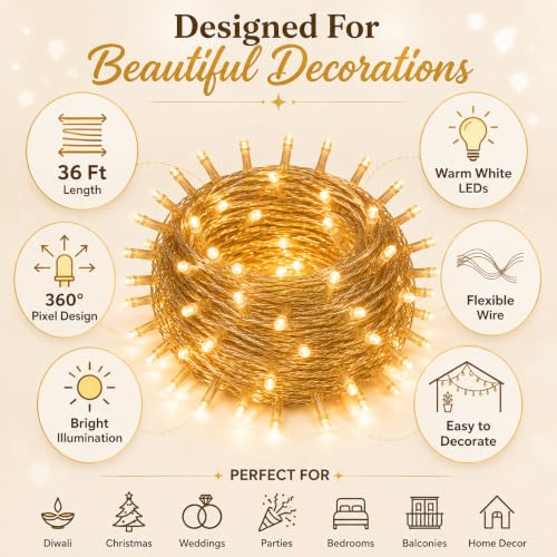 Image of Quace 36 Ft Warm White LED Pixel String Lights for Decoration, 360 Flexible Fairy Lights, Decorative Lights for Diwali, Christmas, Wedding, Bedroom, Balcony & Home Decor, Pack of 10