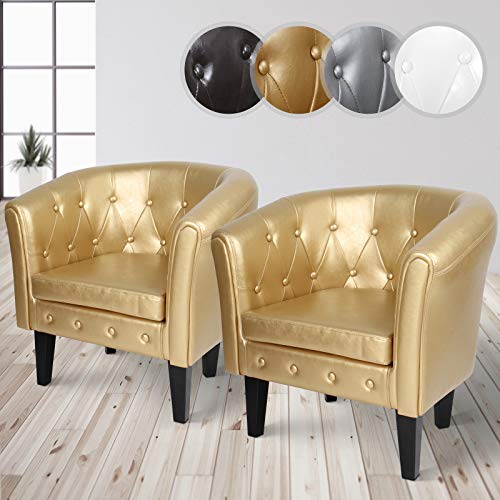 MIADOMODO Sillón Chesterfield | Tapizado en Cuero Artificial con Patas de Madera, Set y Color a Elegir | Butaca de Piel Sintética para Dormitorio y Salón, Sofá Chester 1 Plaza (Juego de 2, Dorado)