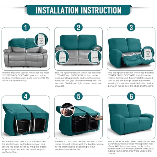 TAOCOCO Recliner Loveseat Slipcover, 6 Pieces Dual Recliner Sofa Covers for 2 Seat Dual Reclining Loveseat Couch, Stretch Soft Jacquard Pattern Furniture Protector with Elasticity (Peacock Blue) — view 6