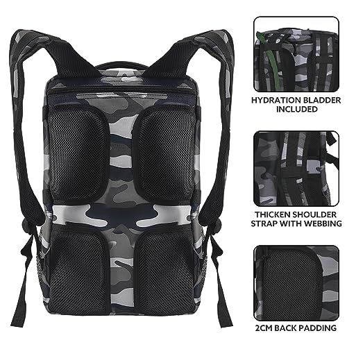 519 Fitness [Tactical All-Around] Modular Meal Prep Backpack - Grey Camouflage - Fits 17" Laptop - Removable Meal Part, Hydration Bladder, 3 Containers, 2 Ice Packs & US Flag Patch