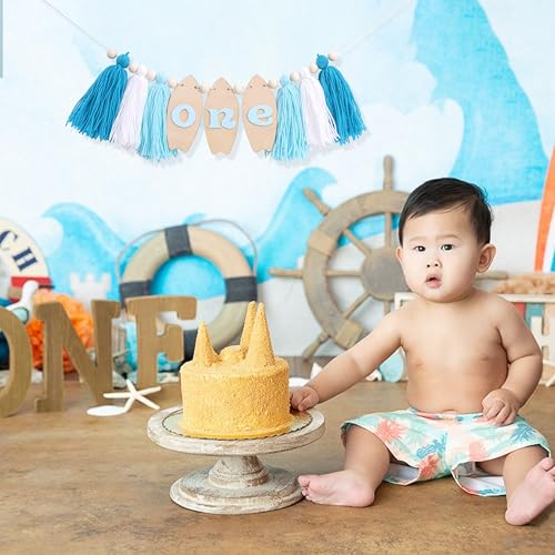 Image of Big One Surf High Chair Banner - Wave 1st Bithday Decorations, Surfing Board Birthday Highchair Banner, Beach First Birthday Tassel Garland