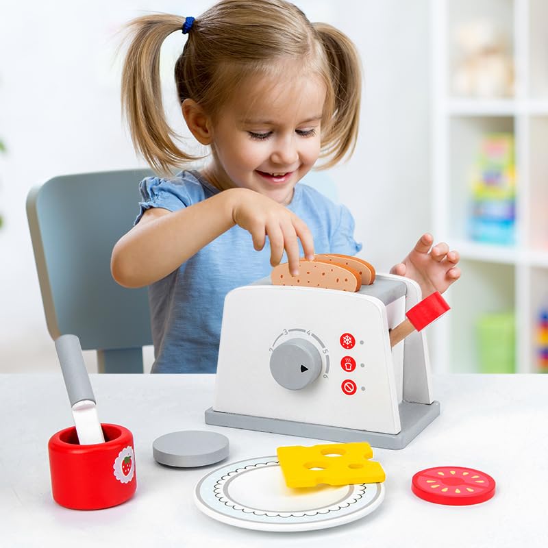 Image of Pop Up Toaster Toy Set with Kitchen Accessories, 8 Pc Wooden Playset -Interactive Role Play Toys for Girls and Boys 3+