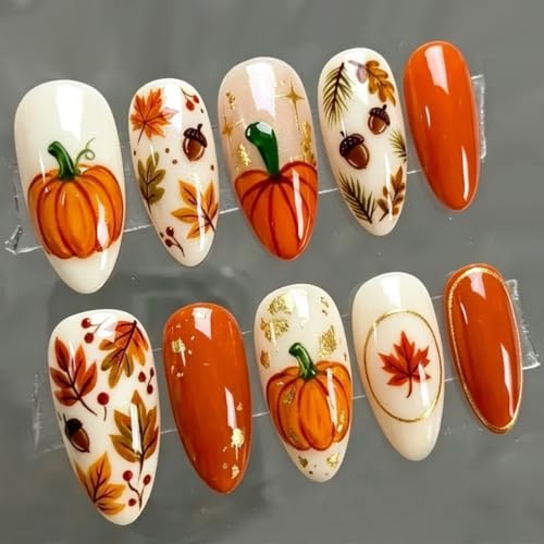 30Pcs Fall Press on Nails Almond Medium Fake Nails Orange Pumpkin...