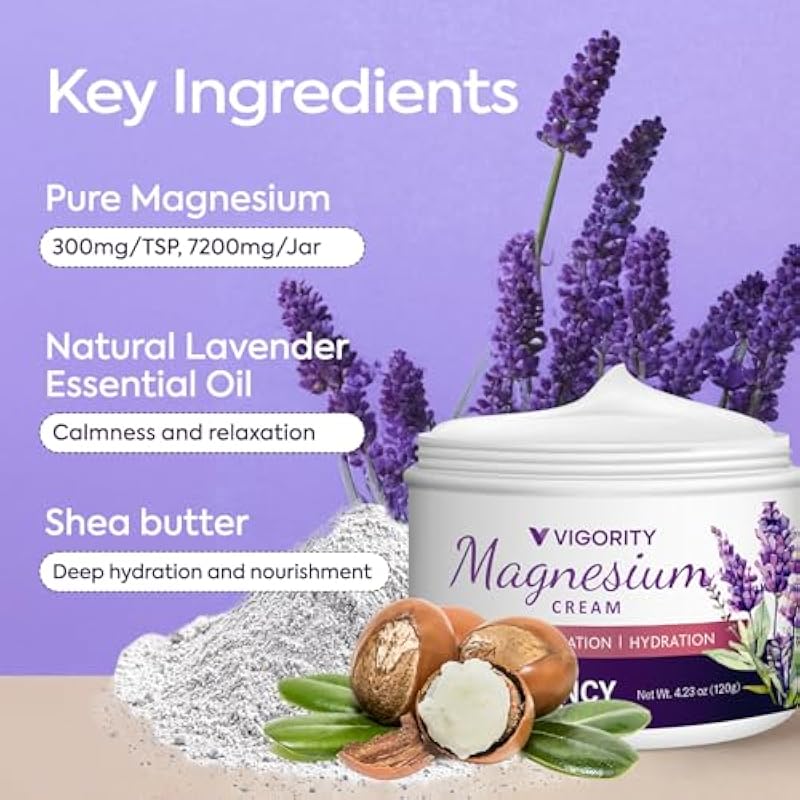 Vigority Magnesium Cream for Sleep: Magnesium Lotion for Leg Cramps - Soothing Magnesium with Lavender, Vitamin E and Shea Butter - Safe for Kids & Pregnant Individuals - 4.23 oz 상세이미지 3