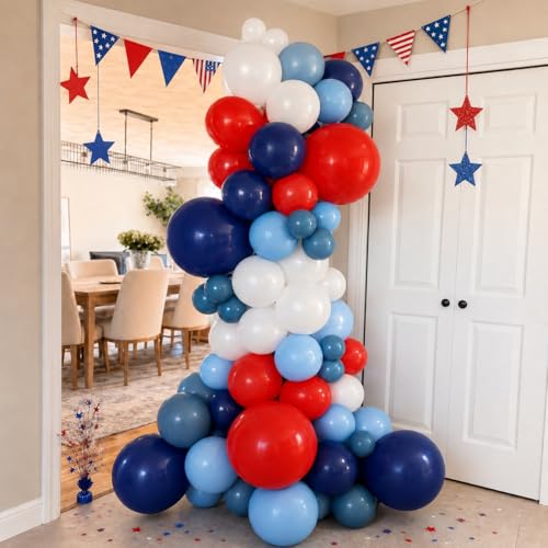 Image of Red Blue White Balloons, 12Inch 60Pcs Retro Navy Blue Matte Red and White Balloon, Royal Blue and Scarlet Latex Balloons for Boys Men Birthday Hero Theme Baseball Party Labor Independence Day Decor