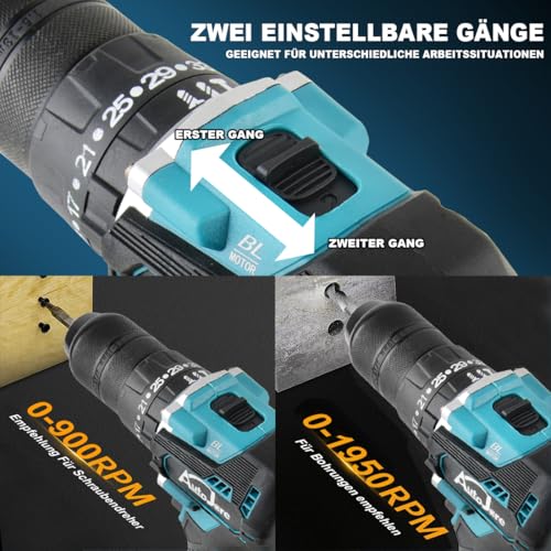 AUTOJARE Akku Schlagbohrschrauber Kompatibel mit Makita 18V 13MM Bürstenloser Bohrschrauber 35+3 Drehmomentstufen 90 N.m 2 einstellbare Stufen Akkuschrauber mit 3 zubehör (ohne Akku)