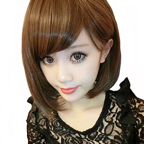 Peluca de pelo corto liso con flequillo lateral cosplay fiesta peluca de moda estilo bob (marrón claro)