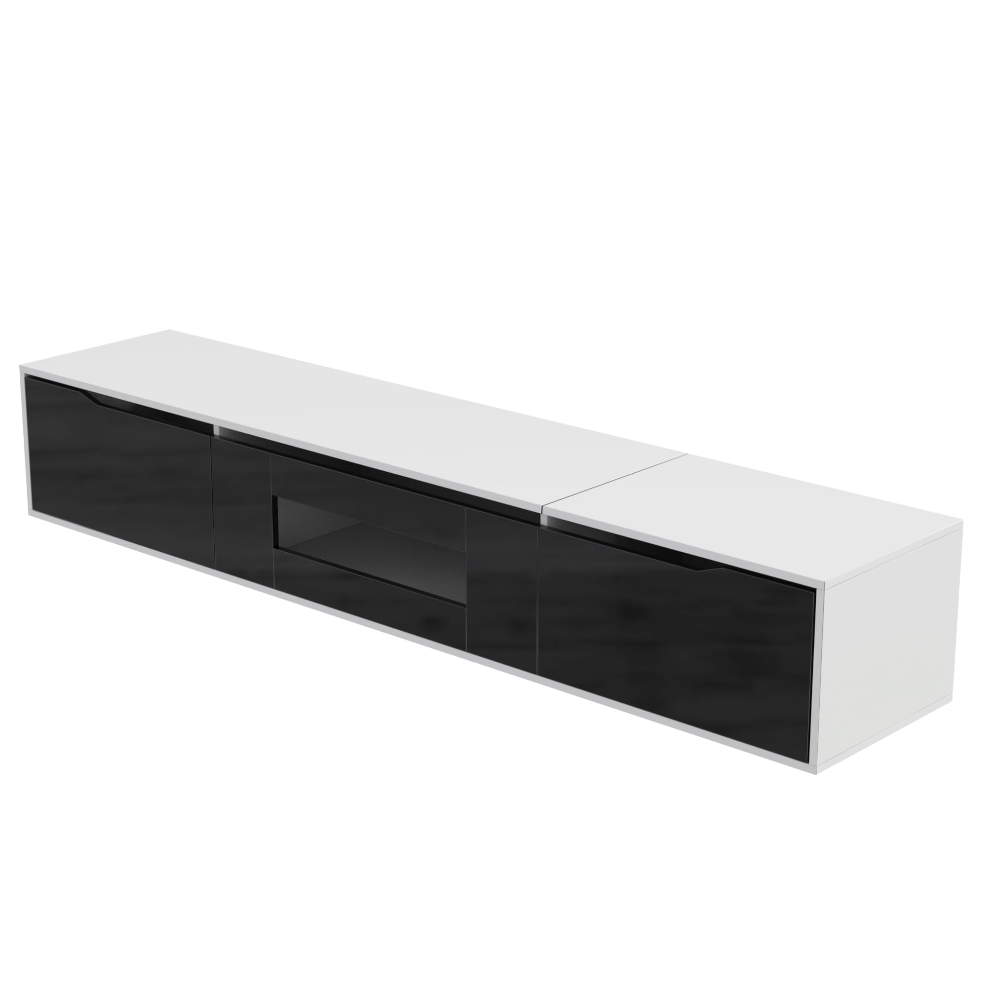 Merax Meuble TV LED Mural 180 cm, Meuble télé Suspendu Brillant Noir et Blanc avec éclairage 16 Couleurs, 4 Modes de lumière, Design Moderne, Portes rainurées, Fixation Murale