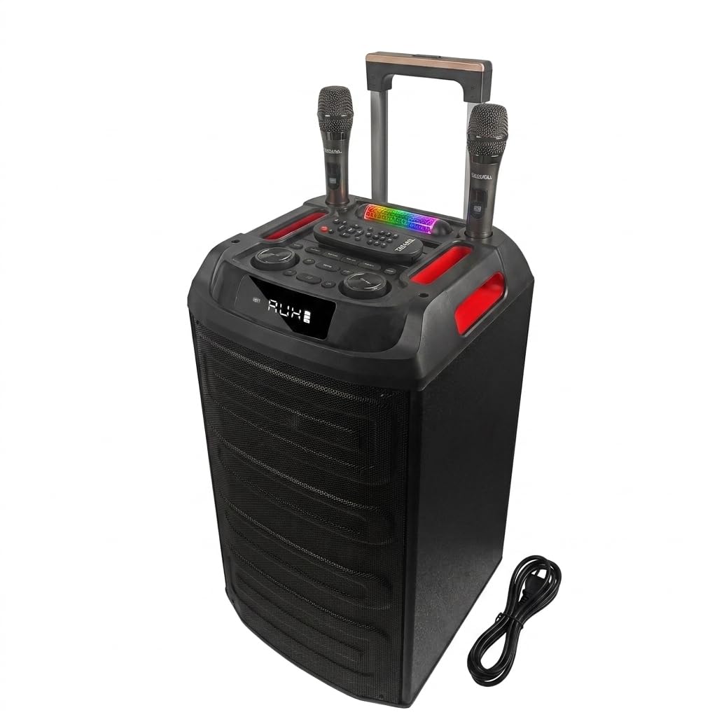 Takara T 9090 Karaoke Speaker Trolley Portable Multimedia Bluetooth; Audio Recording; USB; SD; TF; AUX PA System with 2 Wireless UHF Mic; Remote Control; FM with New DJ LED Light (Black)-image-28