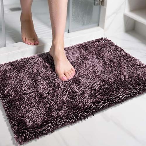 Yimobra Chenille Bathroom Rugs Non Slip, Extra Thick Soft Absorbent Bath Rug 31.5x20 Inch, Machine Washable Quick Dry Bath Mat for Bathroom Floor, Tub and Shower, Home Decor Accessories, Purple Grey