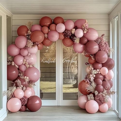 Image of Dusty Rose Pink Balloon Garland Arch - Double Stuffed Dark Pink Balloons For Valentines Birthday Baby Shower Boho Bridal Shower Wedding Party Decorations