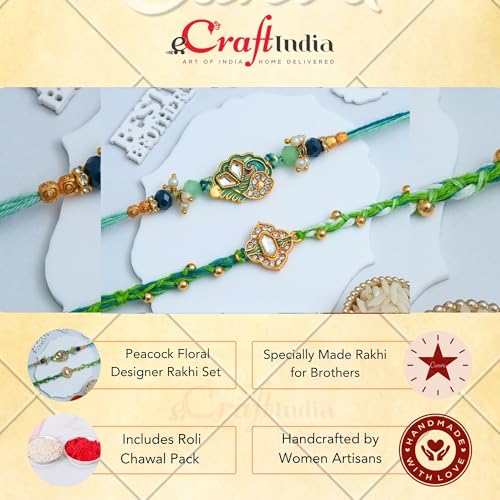 Image of eCraftIndia Peacock Floral Designer Rakhi Set of 2 | Rakhi for Brother Bhaiya Bhai with Best Bro Ever Fridge Magnet | Roli Chawal Pack