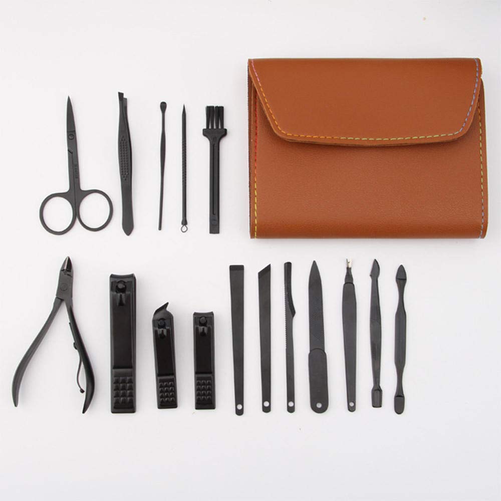 Juego de manicura Kit de cortaúñas Profesional - Kit de Aseo de Acero Inoxidable, Herramienta con Lujoso Estuche de Viaje de Cuero, Adecuado para Unisex-A_Juego de 16 Piezas (Azul 18)