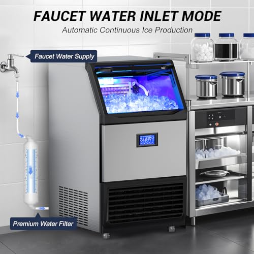 Image of SOZT Commercial Ice Maker Machine 450LBS /24H, Stainless Steel | Under Counter Ice Machine with 200LBS Storage, Self-Cleaning Freestanding Ice Cube Maker for Restaurant, Bar, Home, Office