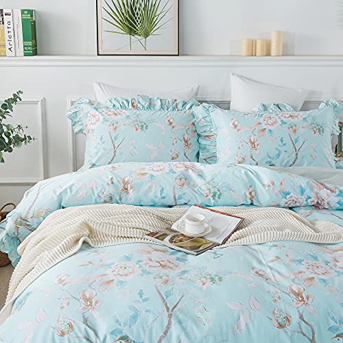 Abreeze Cotton King Duvet Cover Bird Print - Ruffled Bedding Floral Duvet Cover Set 3Pcs Summer Bedding Blue-Cotton Soft Breathable Bedding (King) #TOP3