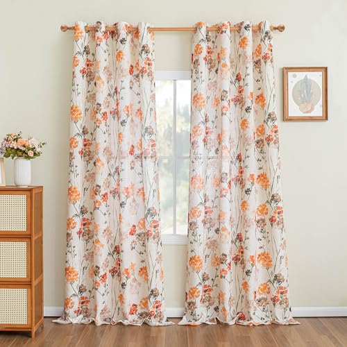 Image of MYSKY HOME Orange Linen Floral Curtains Semi Sheer Grommet Drapes Light Filtering & Privacy Protect, Farmhouse Window Treatments for Bedroom Living /Dining Room,52 inchx95 inch,2 Pcs