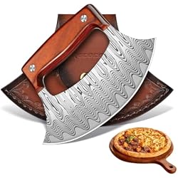 ROCOCO Pizza Cutter Ulu Knife – Mezzaluna Rocker Chopper | Full Tang Handle with Sheath for Kitchen, Camping, BBQ, Gifts for Men Women