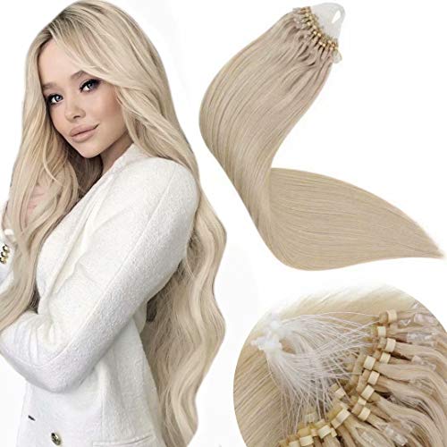 LaaVoo 18inch Micro Loop Hair Extensions Solid Color Light Blonde Silicone Micro Beads Stick Tip Hair Extensions Micro Loop Ring Remy Brazilien Human Hair Cold Fusion 50g/50s#24