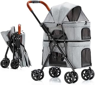 Carrinho dobrável para cães para animais de estimação para 2 cães/gatos Carrinho duplo para cães para gatos Carrinhos para animais de estimação de camada dupla Suporte de viagem respirável para gêmeos ou múltiplos (cinza a)