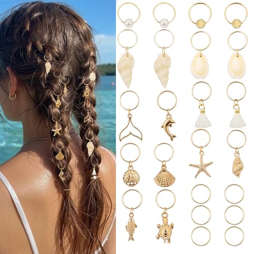TEBIEKOY 24 PCS Hair Accessories for Women Seashell Loc Hair Jewelry for Braids Conch Dreadlock Clips Starfish Braids Rings Shell Pearl Hair Cuffs Summer Beach Decoration Gold A