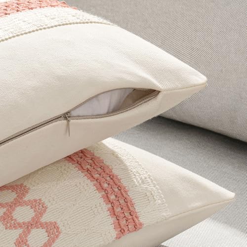Image of MIULEE Set of 2 Coral Red Boho Decorative Pillow Covers 18x18 Inch | Farmhouse Couch Throw Pillows Modern Spring Cotton Cushion CoversMacrame Woven Home Decor for Bed Sofa Chair