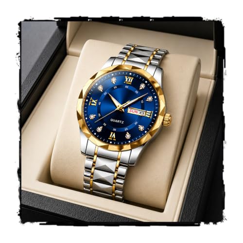 Image of GOLDENIZE FASHION Luxury Analog Roman Numeral Date Display Diamond Pattern Classics Stainless Steel Wrist Watch for Men