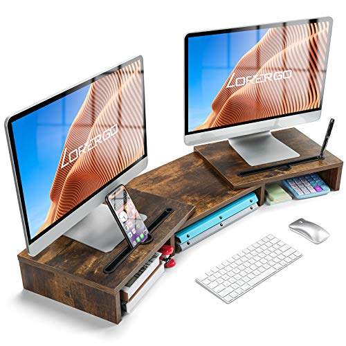 LORYERGO Dual Monitor Riser Stand - 3 Shelf Screen Laptop Stand with Storage Slots for Phone (Vintage)