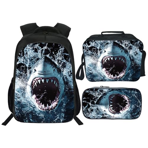 Rylane Shark Backpack Ocean Kids Bookbag 16inch Schoolbag With Lunch Box Bag And Pencil Case Set For Boys Girls