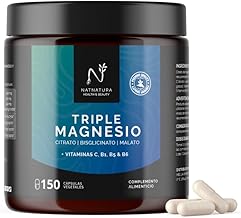 Magnesium Triple - Magnesium Citrate, Bisglycinate & Malate | 442mg Elemental Magnesium Per Dose + Vitamins B1, B5, B6 & C | Antifatigue, Cramps & Muscle Recovery | 150 Capsules