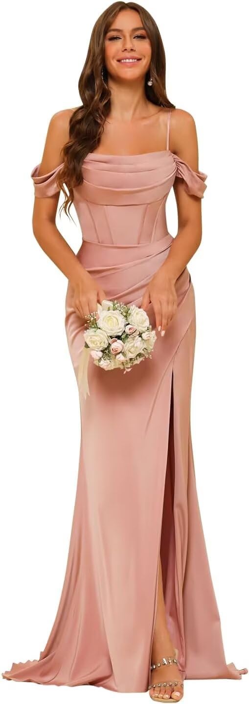 PUXIU Long Satin Bridesmaid Dresses with Silt 2026 Mermaid Formal Dress PUS046
