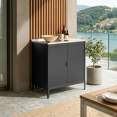 casa.pro Armoire Basse de Jardin Meuble de Rangement pour Extérieur et Intérieur Placard Polyvalent avec Portes et Étagères pour Terrasse ou Balcon Acier Laqué 92 x...