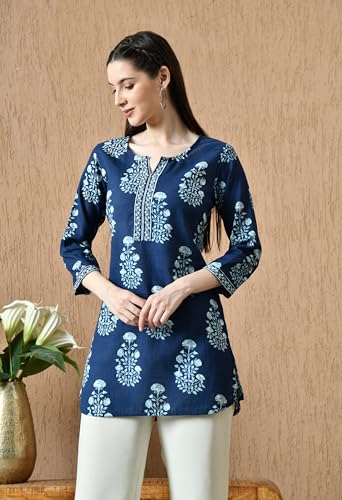 Image of Amazon Brand - Tavasya Women Floral Printed Round Neck Pure Cotton Regular Fit Kurti | Everyday & Office Wear Kurta | Modern Ethnic Top