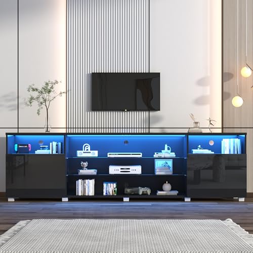 St.Mandyu LED TV Stand for 90/100 inch TV Modern Television Table Center Media Console with Drawer and Led Lights High Glossy Entertainment Center for Living Game Room Bedroom(Black)