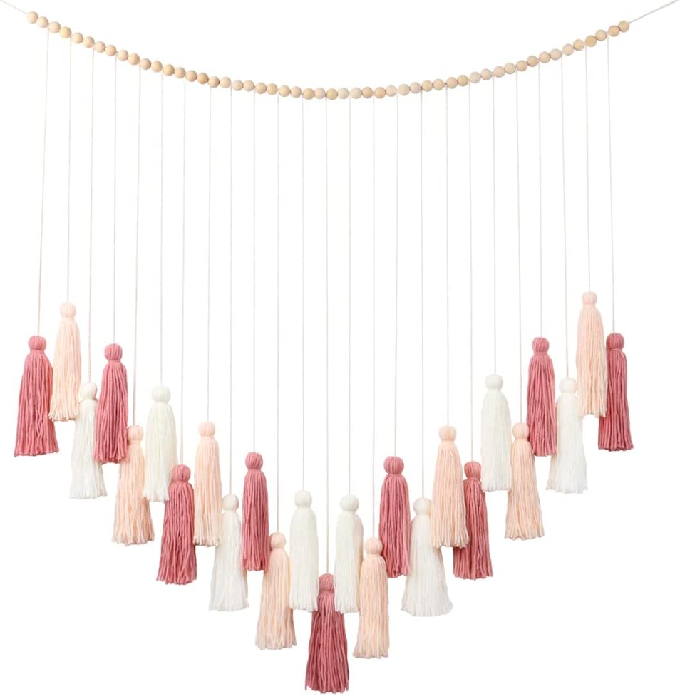 DrCor Blush Pink Boho Macrame Wall Hanging – Handmade Rose Gold Tassel Decor for Nursery, Dorm, Baby Shower, Wedding, Cozy Home or Classroom Display