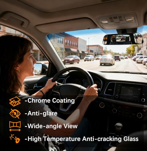 Image of Rear View Mirror, 9.3 Inch Chrome Anti-glare Panoramic Rear Mirrors Universal Convex Car Interior Clip on Extra Big Wide Angle Rearview Mirror Extender to Reduce Blind Spot for Car SUV Truck