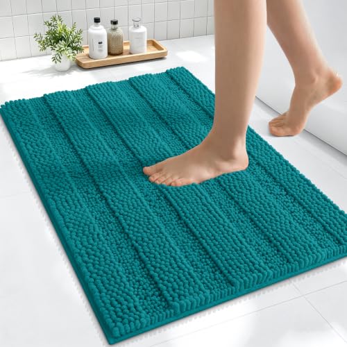 Image of Smiry Thick Small Chenille Bathroom Rugs 24x16, Extra Absorbent Striped Bath Mat, Machine Washable, Rubber Backing, Bath Rugs for Bathroom, Tub & Shower, Modern Home Decor Accessories, Deep Lake