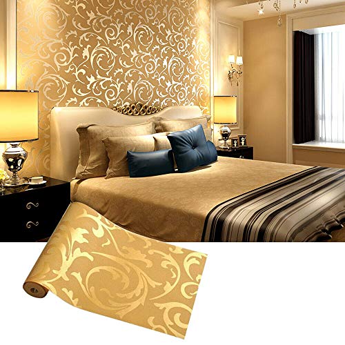 MorNon 10M 53CM Papel Pintado Dorado Papel Tapiz de Decoración de la Habitación Fondo de Pantalla 3D Papel Pintado Estampado para Decoración de Techo Pared Dormitorio Sala de Estar